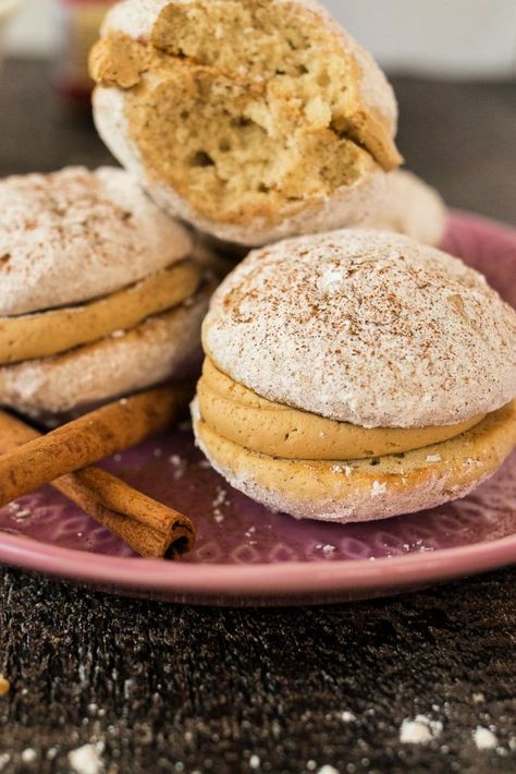 zoomed shot of caramel latte whoopie pies stacked on a plate with a bite missing from one of them and cinnamon sticks sitting next to them Sweet Potato Cupcakes, Cinnamon Latte, Whoopie Pie Recipe, Whoopie Pie, Cinnamon Coffee, Caramel Latte, Cinnamon Cream Cheese Frosting, Whoopie Pies, Sweet Bread