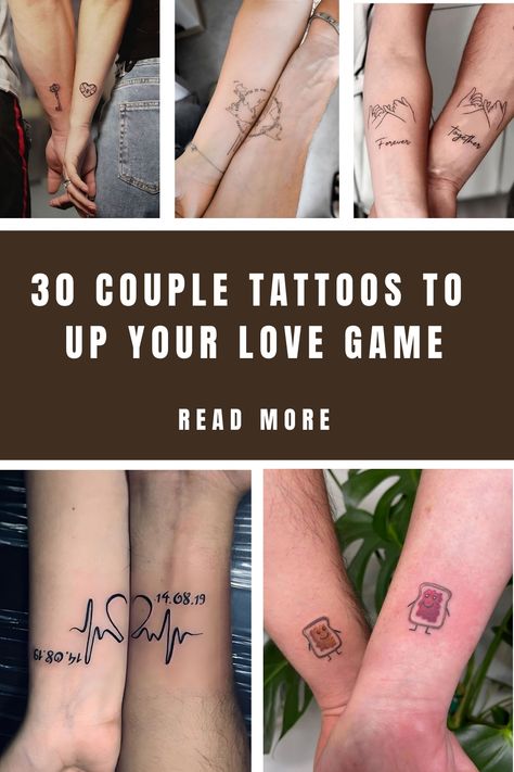 Getting permanent ink on your skin shows your commitment. Being willing to have a matching couple tattoo with your soulmate is another… Marriage Tattoos Unique, Tattoo Ideas Unique Meaningful, Husband Wife Tattoos, Matching Couple Tattoo, Couple Wrist Tattoos, Connecting Tattoos, Fingerprint Heart Tattoos, Married Couple Tattoos, Marriage Tattoos