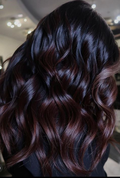 Deep Brown Burgundy Hair Color, Burgundy Colour Hair, Chocolate Burgundy Hair Brunettes, All Dark Hair, Dark Brown Hair With Red Violet Balayage, Hair Color Ideas For Long Black Hair, Burgundy Brown Highlights, Dark Mahogany Brown Hair With Highlights, Chocolate Brown With Burgundy Highlights