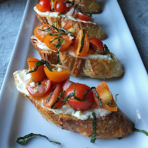 Ina Garten Whipped Feta Crostini, Brushetta Recipes With Feta, Tomato Crostini With Whipped Feta Ina Garten, Bruchetta Appetizers With Feta, Heirloom Tomatoes Bruschetta, Brushetta Appetizers Cherry Tomatoes, Roasted Grape Tomatoes, Crostini Appetizers, Tomato Bruschetta