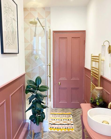 Single Toilet Room, Half Wall Paneling Ideas, Half Wall Paneling, Pink Bathroom Tiles, Wall Paneling Ideas, Pink Bathrooms, Pink Toilet, Paneling Ideas, Bathroom Theme