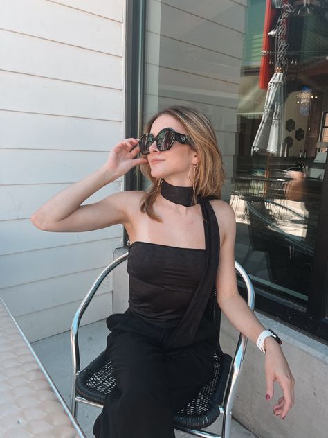 Girl sitting down wearing black slacks and black tube top with scarf and chunky sunglasses Black Tube Top Outfit, Fashion Fall 2023, It Girl Vibes, Chunky Sunglasses, Top With Scarf, Summer/fall Outfits, Fall 2023 Fashion, Tube Top Outfits, Black Tube Top