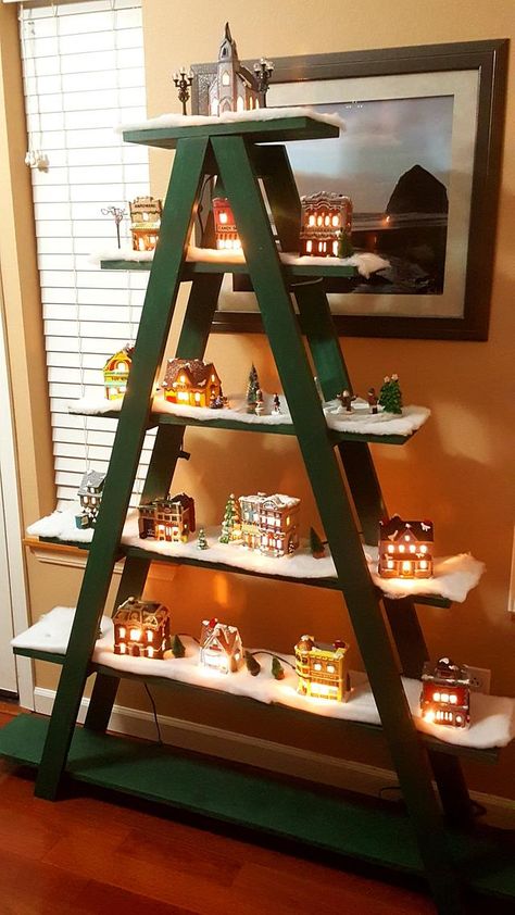 Christmas Tree Village Stand, Village Stand, Christmas Tree Village Display, Diy Christmas Village Displays, Tree Village, Vintage Crates, Christmas Tree Village, Janmashtami Decoration, Diy Christmas Village