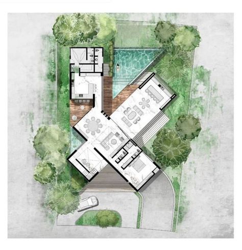 Interior Architecture Sketch, Rendered Floor Plan, Interior Design Renderings, Courtyard House Plans, House Exterior Colors, House Floor Design, Homes Modern, Architectural Floor Plans, Architectural Design House Plans