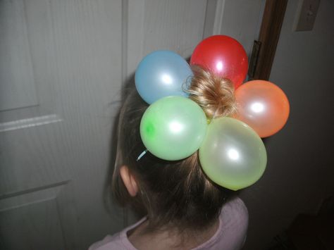 Crazy hair day! Rainbow balloon flower bun <3 Crazy Hair Day Balloons, Balloon Hair, Flower Bun, Christmas Games For Family, Crazy Hair Day, Crazy Day, Dress Up Day, Rainbow Balloons, Crazy Hair Day At School