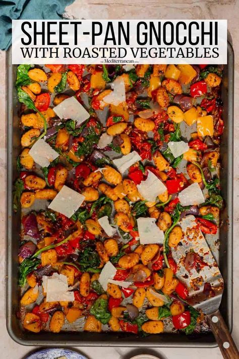 Sheet Pan Gnocchi with Roasted Vegetables Roasted Gnocchi And Veggies, Suzy Mediterranean, Sheet Pan Gnocchi, Gluten Free Gnocchi, Gnocchi Recipe, The Mediterranean Dish, Homemade Gnocchi, Vegetarian Main Dishes, Pan Dinners