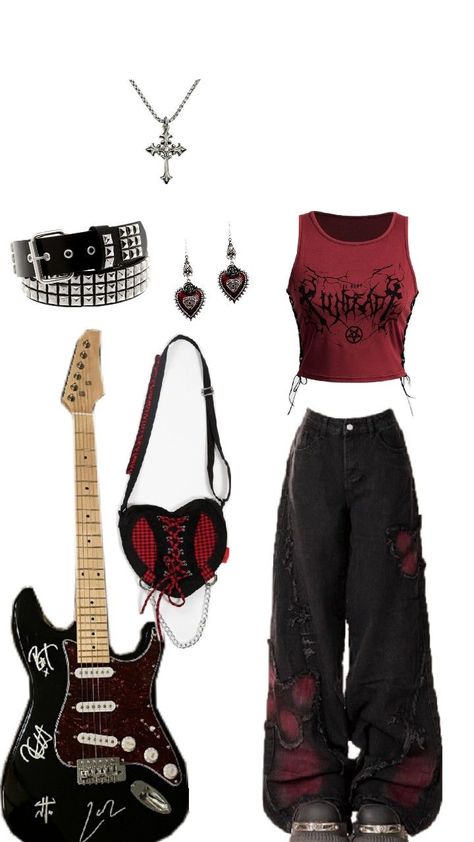 Punk Gf Aesthetic, Rockstars Gf Outfit Ideas, Big Goth Girlfriend, Red Goth Outfits, Pop Punk Outfits, Skz Concert, Rockstar Girlfriend, Punk Outfits, Alternative Outfits