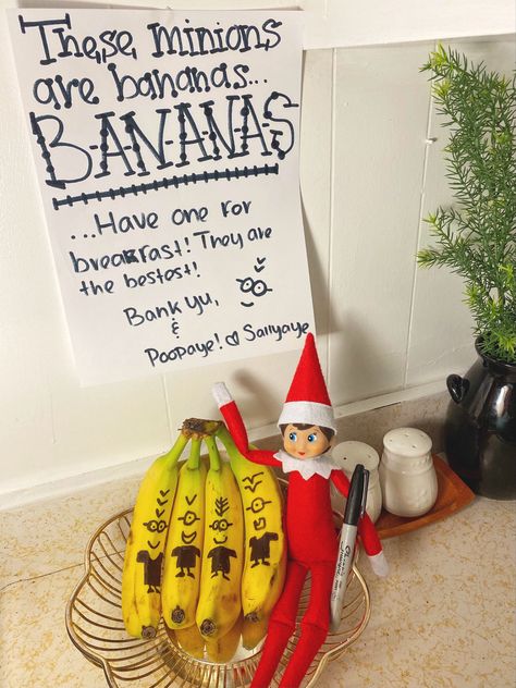 #elfontheshelf #elfontheshelfideas Minion Elf On The Shelf, Elf On The Shelf Bananas, Minion Banana, Xmas Elf, Work Party, Elf On The Shelf, Christmas Time, Elf, Holiday Decor