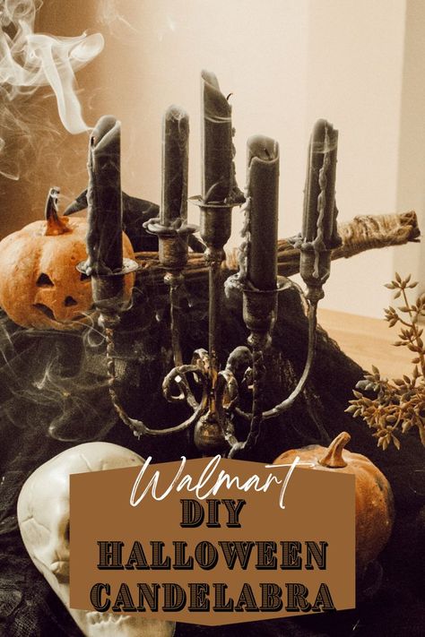 diy spooky halloween candelabra Diy Candleabra, Halloween Decor Cheap, Diy Candelabra, Walmart Diy, Halloween Candelabra, Pottery Barn Hacks, Halloween Candlesticks, Witch's Cottage, Vintage Halloween Decor