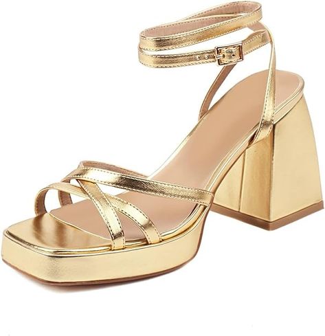 Wedding Dress Sandals, Wedding Sandals Heels, Gold Platform Heels, High Heels For Women, Gold Strappy Heels, Women Fashion Dress, Wedding Pumps, Ankle Strap Sandals Heels, Strappy High Heels