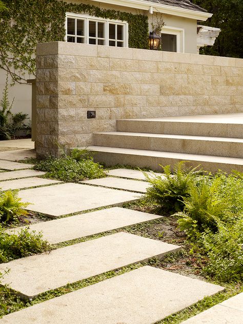 Wall Veneer, Landscape Paving, Granite Stairs, Limestone Patio, Paver Path, Limestone House, Classic Landscape, Patio Stairs, Limestone Pavers