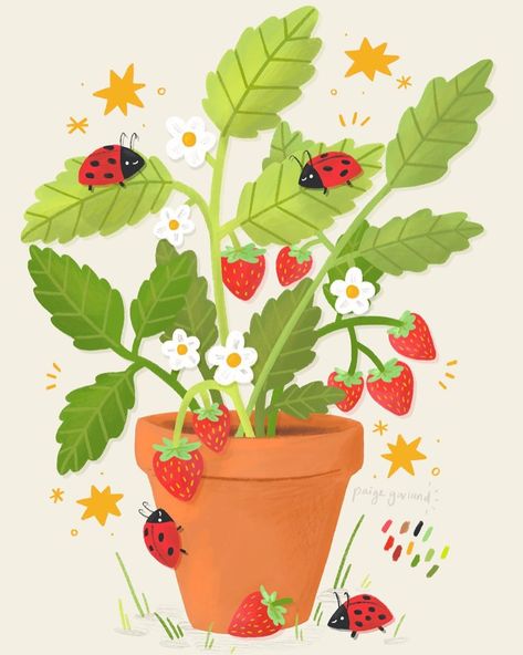 Strawberry Animal Art, Stroberry Drawing, Strawberry Garden Illustration, Strawberry Plant Illustration, Cute Drawings Strawberry, Ladybug Illustration Cute, Cute Garden Illustration, Strawberry Plant Painting, Strawberry Illustration Drawings