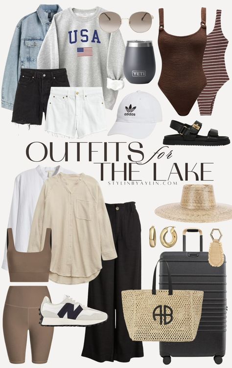 OUTFITS for the lake - Stylin by Aylin Lake Weekend Outfit, Lake Vacation Outfits, Lake Outfit Summer, Lake House Vacation, Lake Outfit, Most Comfortable Sandals, Lake Style, Getaway Outfit, Striped Bathing Suit