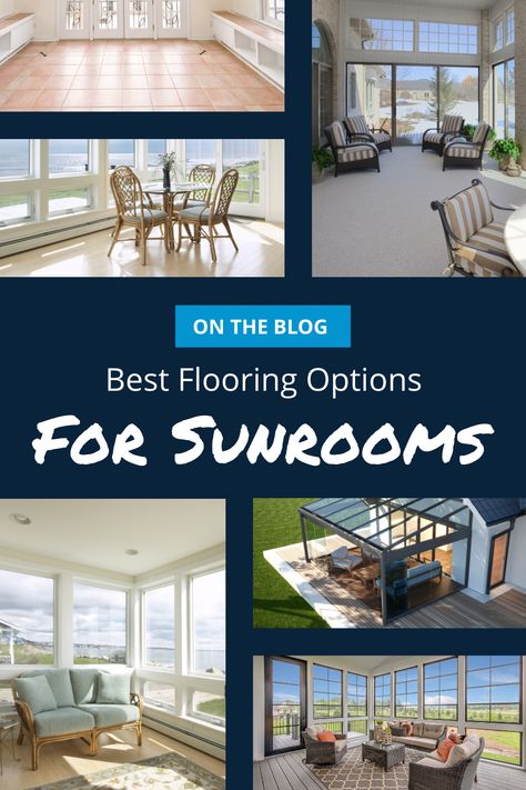 The flooring you choose for your sunroom can tie the whole room together! Visit our blog post to find out the best sunroom flooring options for your needs and style. #Sunroom #SunroomFloors #Flooring Flooring For Sunroom Ideas, Sunroom Flooring Ideas Modern, Four Seasons Room Flooring, Flooring For Sunroom, Sunroom Floor Ideas, Three Season Room Flooring, 4 Season Room Flooring Ideas, Sunroom Floors Ideas, Sunroom Carpet Ideas