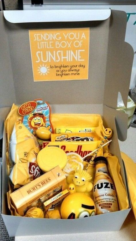 30+ DIY Sunshine Care Package Ideas to Bring Good Vibes | HubPages Box Of Sunshine, Box Creative, College Care Package, Golden Birthday, Cadeau Diy, Care Packages, Care Package, Homemade Gifts, Long Distance