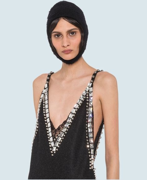 Embellished wool dress Anthracite gray | Miu Miu Boutique Online, Wool Dress, Miu Miu, Online Boutique, New Collection, Camisole Top, Backless Dress, Ready To Wear, Lingerie