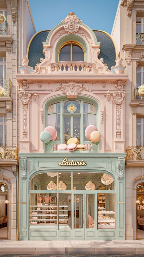 Macaron Shop Design, Parisian Storefronts, Macaron Store, Paris Laduree, Mint Green Room, Green Room Design, French Chateau Homes, Parisian Store, Patisserie Design