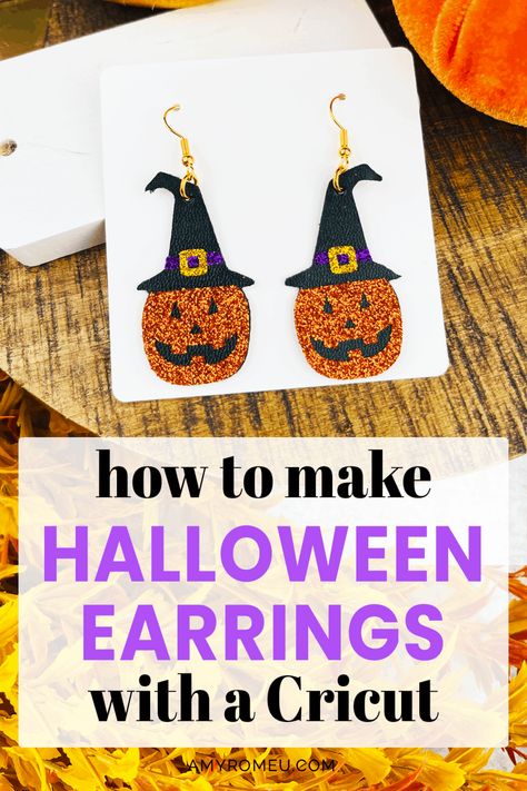 How to make DIY Cricut Halloween Earrings. Tutorial and SVG earring template available at amyromeu.com Cricut Earrings Diy, Pumpkin Cricut, Halloween Jewlery, Shirt Svgs, Svg Earring, Halloween Svgs, Cricut Earrings, Earring Template, Earring Svg