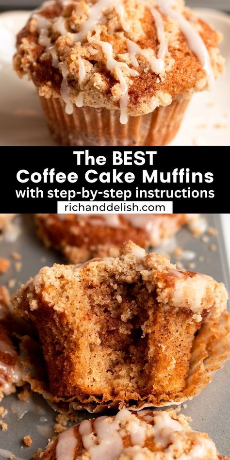 These coffee cake muffins are moist, flavorful, and topped with decadent streusel topping. These muffins are just like the ones you would get in a bakery, but you can make them at home! Muffins Cinnamon, Easy Coffee Cake, Cinnamon Streusel Muffins, Streusel Muffins, Coffee Cake Muffins, Cinnamon Streusel, Cake Muffins, Cinnamon Muffins, Vanilla Glaze