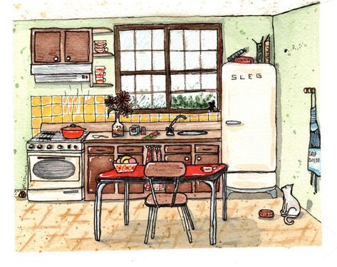 Messy Kitchen Drawing, Kitchen Doodles, Bookmarker Ideas, Kitchen Sketch, Summer Pots, Old Style Kitchen, Kitchen Cartoon, Tessellation Art, Kitchen Illustration