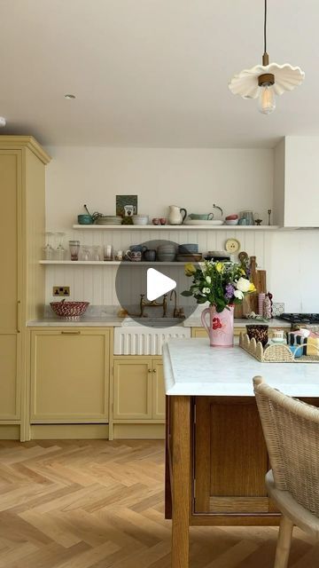 Farrow & Ball on Instagram: "Leave a 💛 if you love this kitchen as much as we do …   @claireakennedy opted for #Hay on her cabinetry for a fresh, fun and above all incredibly cheerful feel.   Been inspired? We’d recommend pairing with #WimborneWhite walls for a cohesive scheme. If you’re keen to incorporate another colour, perhaps if you’re not opting for an exposed wood island, #OvalRoomBlue or #Treron would work well here.   #FarrowandBall #kitcheninspo #yellowkitchen #kitchentransformation #beforeandafter" Farrow And Ball Hay Kitchen, Hay Farrow And Ball, Waterfront Kitchen, Farrow And Ball Kitchen, Scandi Kitchen, Wimborne White, Oval Room Blue, Wood Island, Kitchen Transformation