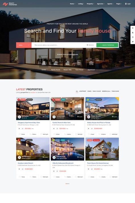 Reality is a highly customizable and versatile Multipurpose WordPress Theme specifically designed for the real estate industry. It offers multiple pre-designed homepage layouts and various features such as property listings, property search, and agent profiles. The theme is fully customizable, allowing you to add your own branding and style to the website. It comes with several features such as customizable header and footer options, blog section, and social media integration. Property Website Design Real Estates, Website Design Inspiration Real Estate, Header Website Design, Real Estate Website Design Inspiration, Property Website Design, Real Estate Social Media Design, Real Estate Website Design, Gorgeous Apartment, List Website