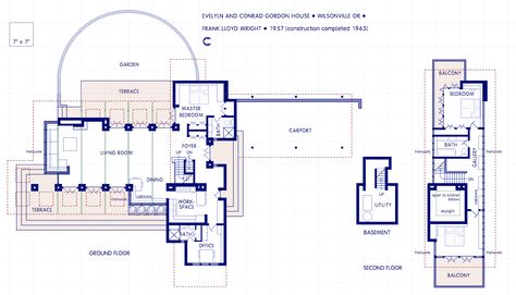 The Gordon House is a residence designed by influential architect Frank Lloyd Wright, now located within the Oregon Garden, in Silverton, Oregon. It is an example of Wright's Usonian vision for America. It is one of the last of the Usonian series designed for American working class consumers, which—in 1939—was considered $5,000–6,000 per year.[3] The house is based on a design for a modern home commissioned by Life magazine in 1938.[4] Frank Lloyd Wright Interior, Usonian Style, Silverton Oregon, Usonian House, Oregon Garden, House Png, Second Floor Balcony, Frank Lloyd Wright Design, Cabin Floor Plans