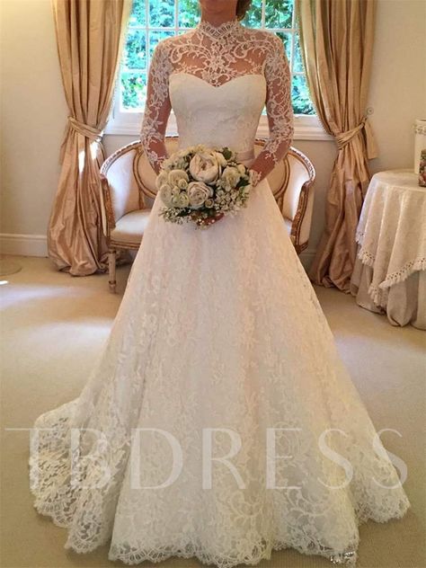 High Neck Long Sleeves Lace Backless Wedding Dress Jeweled Wedding Dress, Wedding Dress Necklace, Long Bridal Gown, Court Train Wedding Dress, Ivory Lace Wedding Dress, Classy Wedding Dress, Long Sleeve Wedding Dress Lace, Womens Wedding Dresses, Wedding Dress Train