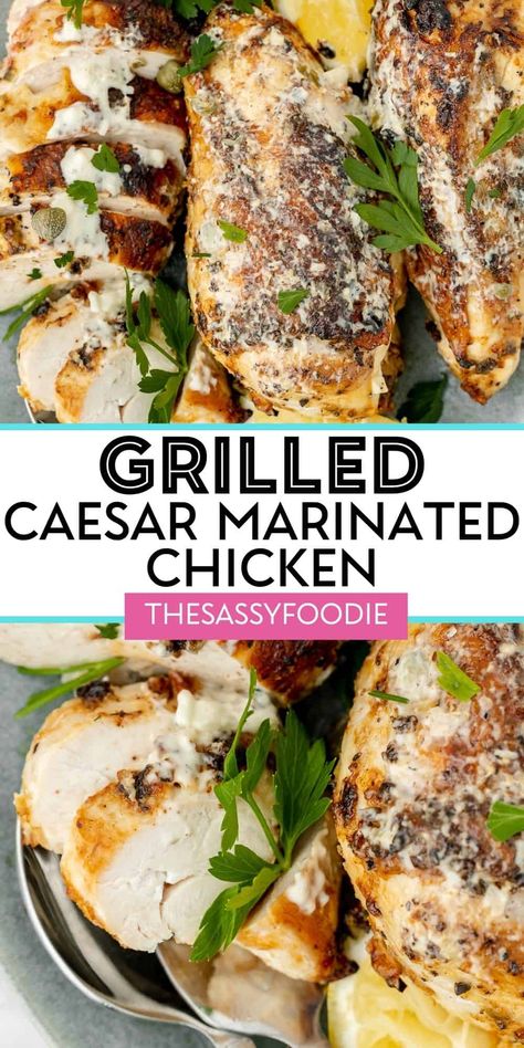 This grilled caesar marinated chicken recipe is a delicious way to jazz up boring chicken breasts. A tangy, homemade caesar dressing makes the perfect marinade for meaty chicken. Packed with garlic, lemon, zesty capers, and of course parmesan cheese, you'll wonder why you haven't used caesar dressing a marinade before! Cesar Salad Chicken Marinade, Grilled Chicken Salad Marinade, Grilled Chicken For Ceasar Salad, Chicken Ceasar Salad Marinade, Ceaser Chicken Marinade, Grilled Chicken Caesar Salad Marinade, Caesar Salad Chicken Marinade, Chicken Marinade For Ceasar Salad, Caesar Chicken Marinade