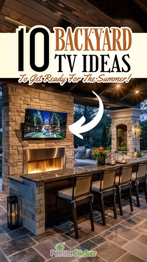 Dive into summer with our handpicked backyard TV ideas! From sleek modern designs to rustic charms, our collection features patio inspirations for every style. Discover unique TV stands, elegant wrought iron, cozy wood, luxe looks, and more to transform your outdoor space. Whether you have a sprawling lawn or a small patio, get ready for poolside movie nights or chic outdoor gatherings. Click to explore all our ideas and turn your backyard into the ultimate entertainment oasis! Tv In Outdoor Patio, Small Back Porch With Tv, Pergola With Tv Ideas, Outdoor Living Space With Tv, Covered Patio With Fireplace And Tv, Tv On Fence, Entertainment Patio Ideas, Tv Patio Ideas Outdoor, Outdoor Media Wall