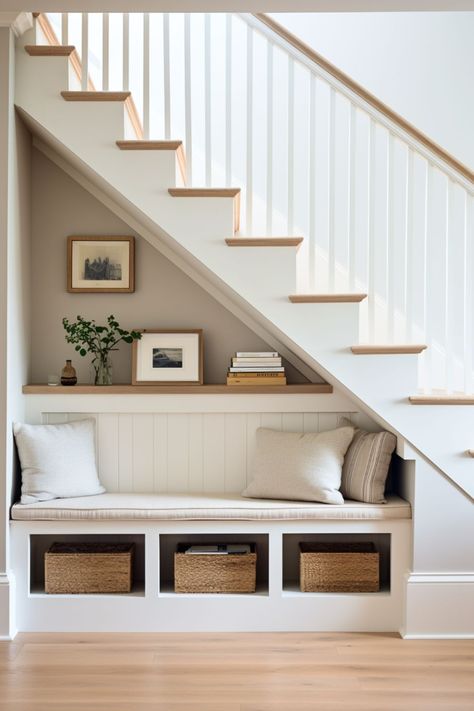 Hallway Understair Storage, Simple Under Stairs Ideas, Storage Under Open Stairs, Show Storage Under Stairs, Under Stairs Furniture, Stairs In Lounge Ideas, Side Of Staircase Ideas, Under Stairs Shelf Ideas, Under Stairs Lounge Ideas