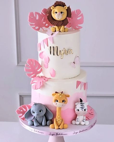 Pink safari #buttercream #pinksafari Animal Theme Cakes For Kids, Animal Cakes For Kids, Pink Safari, Safari Cake, Safari Cakes, Animal Safari, 1st Birthday Party Themes, Flower Theme, Kids Cakes