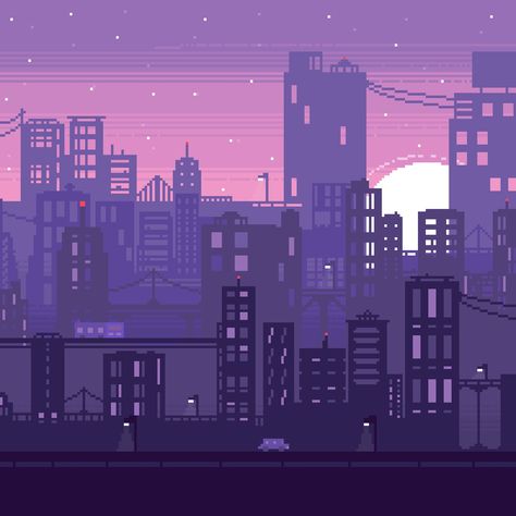 A pink and purple sunset city with twinkling lights Pixel Art City Gif, Pixel City Background, Pixel Art Building 2d, Pixel Art City Night, Pixel City Wallpaper, 64 Bit Pixel Art, City Aesthetic Drawing, 8 Bit Background, Pixel Game Aesthetic