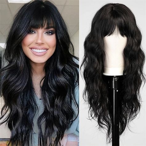 Black Wig with Bangs for Women Long Wavy Hair Wig Black Wig Curly Wavy Synthetic Wigs for Girls Daily Party Use 2024 - $22.99 Natural Bangs, Red Hair Tips, Black Wig With Bangs, Bangs For Women, Wig Curly, Fall Hair Cuts, Hair Streaks, Natural Wigs, Long Brown Hair