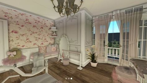 Cute Cottage Layout, Coquette Nursery Bloxburg, Coqquete Bloxburg House, Realistic Bloxburg Nursery, Bloxburg Fancy Bedroom Ideas, Coquette Bloxburg Interior, Bloxburg Bohemian House, Princess Room Bloxburg, Vintage Bloxburg Room