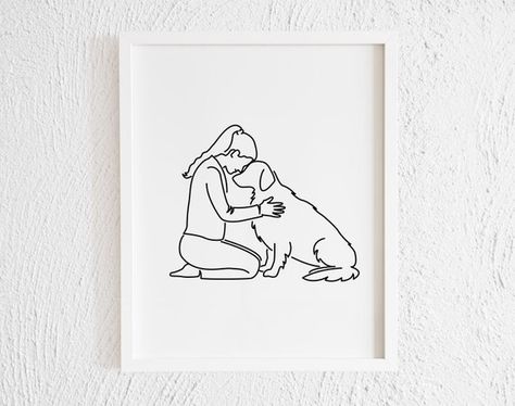 Dog Line Art Golden Retriever, Women And Dog Tattoo, Me And My Dog Drawing, Woman And Dog Drawing, Golden Retriever Line Drawing, Dog Line Illustration, Dog Minimalist Drawing, Golden Retriever Line Art, One Drawing Line