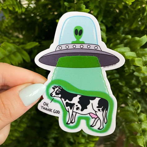 🎨 Hand-Illustrated Cosmic Charm: Immerse yourself in the whimsical fusion of artistry and interstellar amusement. Each detail of our sticker is meticulously hand-illustrated, capturing the essence of UFOs, aliens, and the comical abduction of a bewildered cow.

📏 Perfect Size for Any Cosmos: With a 3" dimension on its longest side, our sticker is perfectly sized to adorn your laptop, water bottle, or any surface craving a dash of cosmic humor. Alien Abducting Cow Tattoo, Alien Abducting Cow, Alien Abduction Illustration, Alien Meme, Funny Coworker Gifts, Alien Memes Funny, Vinyl Stickers Laptop, Cows Funny, Waterproof Vinyl