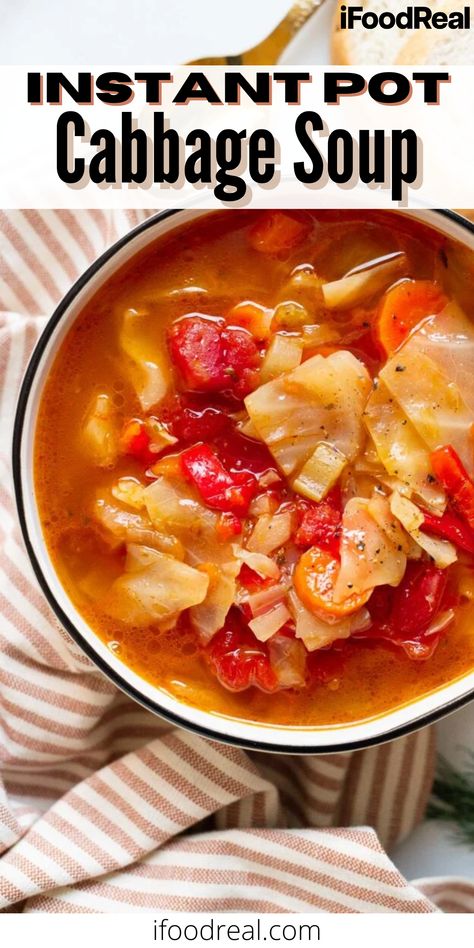 This Instant Pot Cabbage Soup is a hearty and delicious meal that’s super easy to make! It’s made with sliced cabbage, tomatoes, and fresh veggies in a perfectly seasoned and flavorful broth. This soup is also quite healthy as well. It’s made with low carb ingredients and it’s super affordable too! Cabbage Soup Instant Pot, Instant Pot Cabbage Soup, Soup With Cabbage, Instant Pot Cabbage, Sliced Cabbage, Easy Healthy Soup, Delicious Crockpot Recipes, Dinner Recipes Healthy Low Carb, Cooking Dried Beans