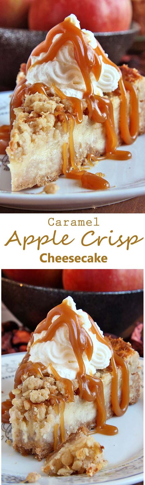 Caramel Apple Crisp Cheesecake Caramel Apple Crisp Cheesecake, Cheesecake Caramel, Apple Crisp Cheesecake, Caramel Apple Crisp, Banana Split Dessert, Apple Cheesecake, Cracker Crust, Oreo Dessert, Cheesecake Recipe