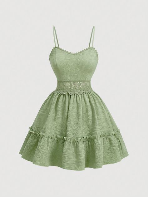 Women's Solid Color Lace Patchwork Spaghetti Strap Dress Green Casual  Sleeveless Woven Fabric Plain Cami Slight Stretch  Women Clothing, size features are:Bust: ,Length: ,Sleeve Length: Middle School Dance Dresses 6th Grade, Sage Green Fits, Middle School Dance Dresses, Cute Green Dress, Green Flower Dress, Fairycore Fashion, Green Sundress, Grad Outfits, School Dance Dresses