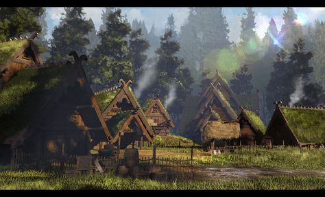 ArtStation - forest village, KoBOng The Hunting Party, Forest Village, Viking Village, Fantasy Village, Forest City, Art Village, Location Inspiration, Landscape Concept, Fantasy Forest