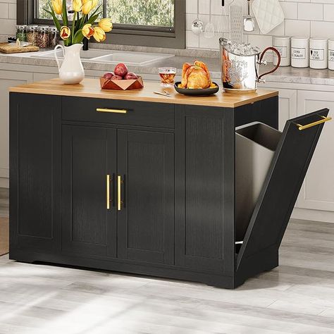 Amazon.com: YITAHOME 53 inch Large Rolling Kitchen Island with Trash Can Storage Cabinet, Portable Mobile Islands Table Long Floating Movable w Wheels Cabinet for 13 Gallon Garbage Bin 2 Drawer, Black : Home & Kitchen Trash Can Storage, Cabinet Island, Island Storage, Kitchen Island Storage, Trash Can Cabinet, Kitchen Island On Wheels, Kitchen Storage Cart, Black Kitchen Island, Rolling Kitchen Island