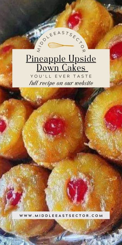 Bring the warmth of the tropics to your dessert table with our Mini Pineapple Upside Down Cakes—an adorable and delicious twist on a classic favorite. These individual treats feature caramelized pineapple rings, maraschino cherries, and a moist vanilla cake that captures the essence of a tropical paradise. Treat yourself to a taste of sunshine with this easy-to-make, charming dessert that will transport you to a state of pure bliss. Individual Treats, Pineapple Upside Down Cakes, Mini Pineapple Upside Down Cakes, Upside Down Cakes, Caramelized Pineapple, Different Types Of Cakes, Moist Vanilla Cake, Pineapple Rings, Maraschino Cherries