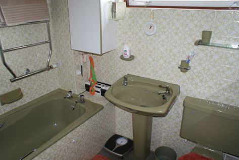 1970's Bathroom suites in hideous colours! 1970 Bathroom, Avocado Bathroom, Avocado Bathroom Suite, 1980s Bathroom, Vinyl Flooring Bedroom, 80s Bathroom, Living Room Floor Tiles, Tiles Living Room, Bathroom Vinyl