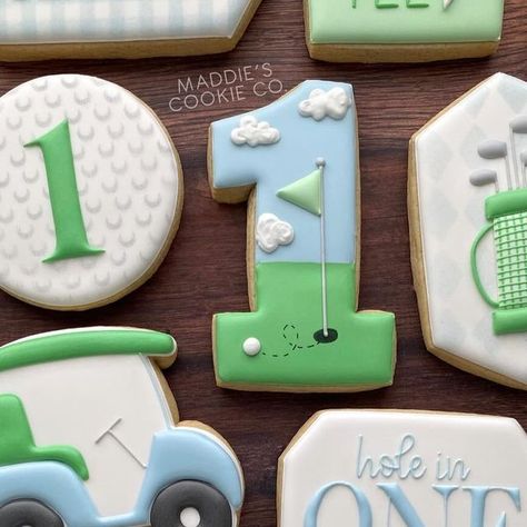 Maddie Marcum on Instagram: "a golf theme is always a fav of mine! so sweet and preppy 🤩⛳️💙" Golf Theme Cookies Decorated, Golf Birthday Cookies Decorated, Decorated Golf Cookies, 1st Birthday Golf Theme Cookies, Hole In One Cookies, Felix Birthday, Golf Cookies, Golf First Birthday, Baby First Birthday Themes