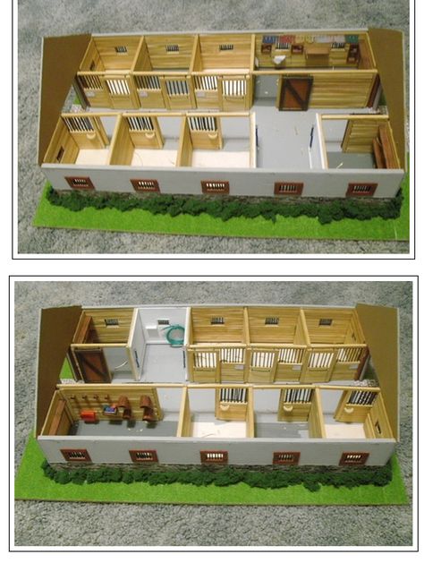 Small Stable Ideas Horse Stalls, Horse Farm Ideas Stables, 6 Stall Horse Barn Plans, Small Barn Layout, Diy Schleich Horse Barn, Multi Animal Barn Layout, Barn Layout Multi Animal, Horse Farm Layout With House, Small Stable Ideas