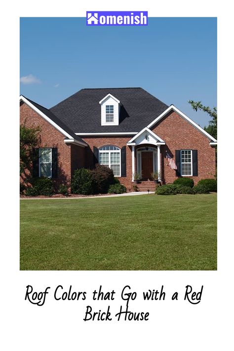 Red Brick House Shingle Colors, Red Brick House Exterior Roof Color, Red Brick Black Roof House Exteriors, Red Brick House With Black Roof, Roof Colors With Red Brick, Shingles For Red Brick House, Red Brick House With Black Shutters, Red Brick Roof Colors, Black Roof Red Brick House