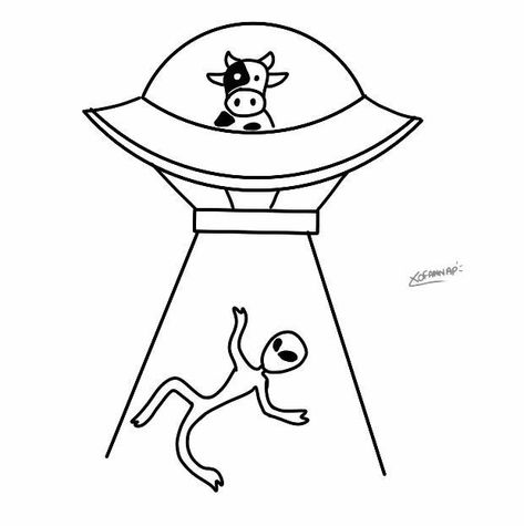 Alien Abducting Cow Tattoo, Alien Outline Tattoo, Funny Alien Drawings, Cow Getting Abducted Tattoo, Cow Getting Abducted Drawing, Alien Cow Abduction, Cow Abduction Drawing, Funny Cow Tattoo, Cowboy Alien Tattoo