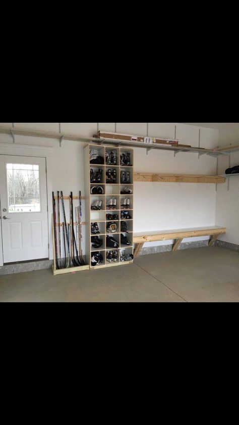 Hockey Garage Storage, Hockey Gear Storage Ideas, Ice Skate Storage, Mudroom Hockey Storage, Garage Hockey Stick Storage, Ski Organization, Hockey Stick Garage Storage, Hockey Garage, Winter Gear Storage