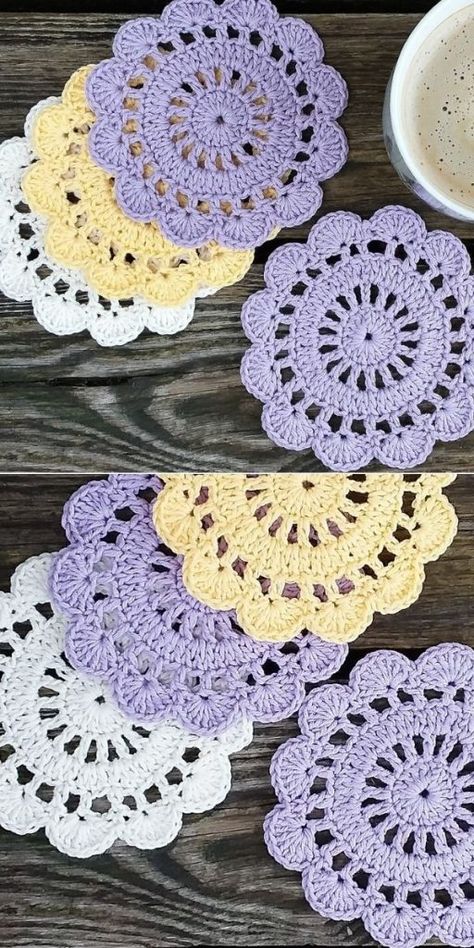 Small Crochet Doilies, Crochet Lacy Coasters Free Pattern, Mini Doily Crochet Pattern, Boho Crochet Coasters Free Pattern, How To Crochet Doilies For Beginners, Free Crochet Patterns For Coasters, Crochet Round Coasters, Free Crochet Patterns Coasters, Easy Crochet Coasters For Beginners